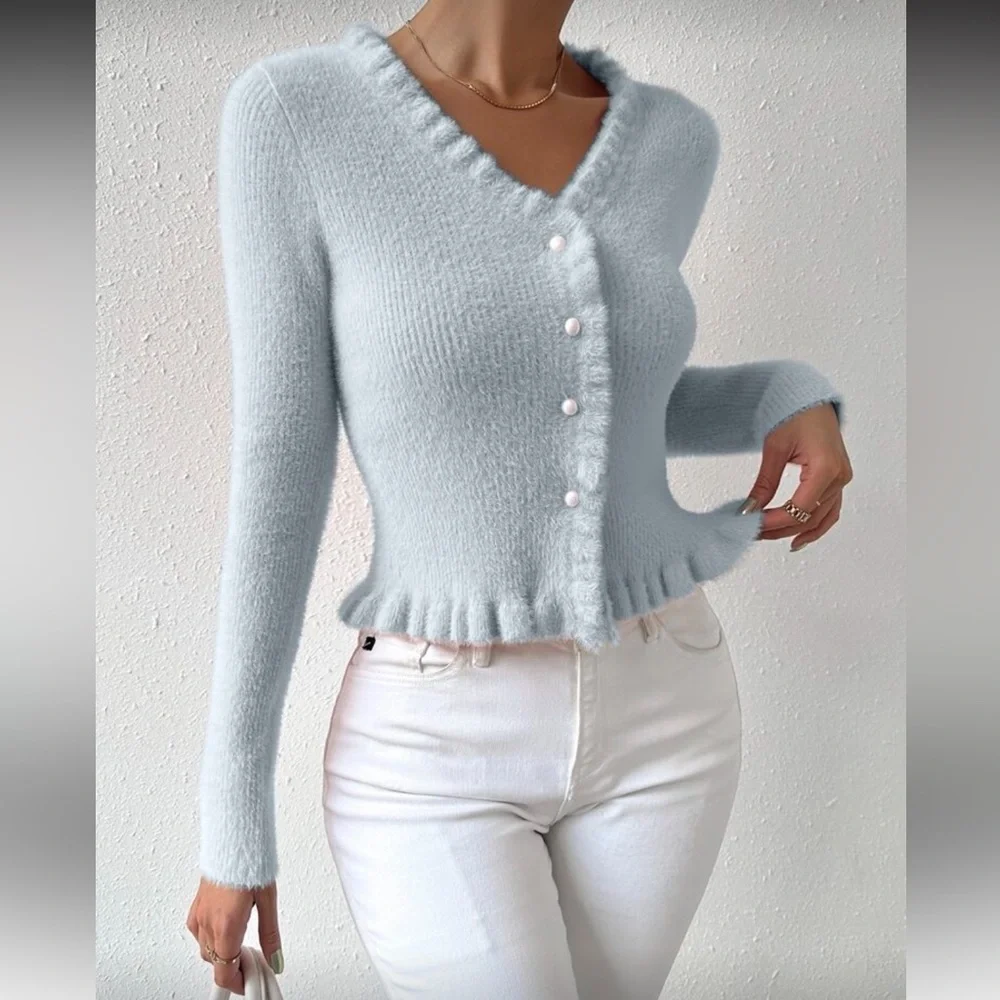 Soft Knit V-Neck Cardigan - Light Blue - Picture 4 of 7